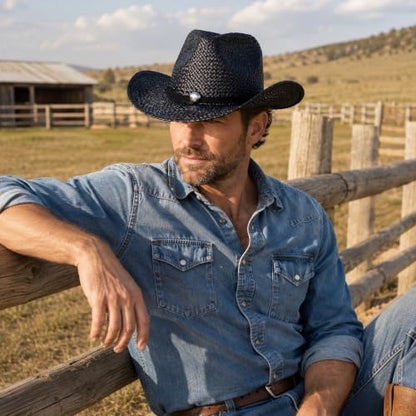 Straw Cowboy Hat for Men Women, Woven Western Summer Hat Natural - color: Black