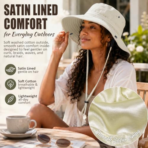 Womens Satin Lined Sun Hat UV Protection Washed Cotton Sun Hat with Satin Lining for Outdoor Beach Travel Hiking - color: Beige, size: One Size-Large