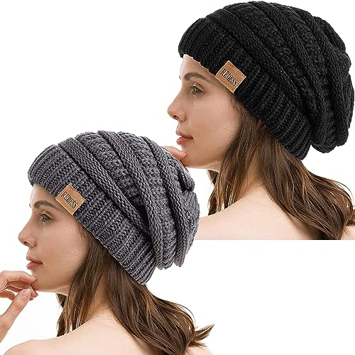 REDESS Slouchy Beanie Hat for Men and Women Winter Warm Knit Hat Chunky Soft Oversized Cable Cap - color: Black+dark Grey