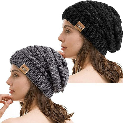 REDESS Slouchy Beanie Hat for Men and Women Winter Warm Knit Hat Chunky Soft Oversized Cable Cap - color: Black+dark Grey