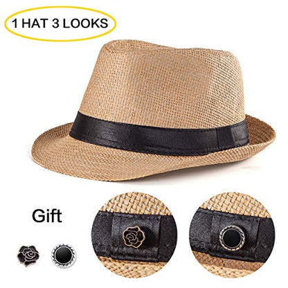 XL Straw Fedora Hats for Men Summer Trilby Beach Travel Panama Casual 7 1/2 - color: Khaki
