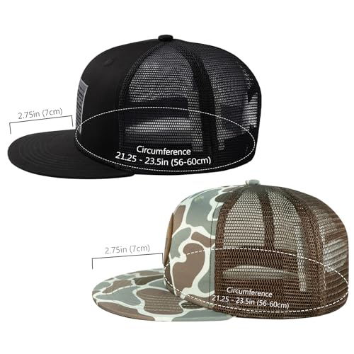 BASSDASH 2 Pack Flat Brim Trucker Cap Adjustable Snapback Hat Mesh Back for Men Women Fishing Hunting - color: Pack of 2, Black/Fish Flag & Color Block Camo
