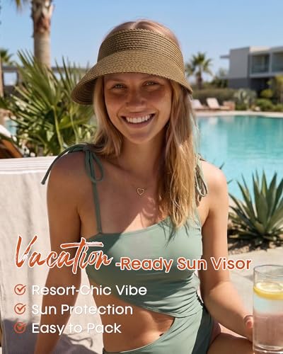 FURTALK Sun Visors for Women Straw Summer Hat Packable Wide Brim Beach Cap - color: Brown