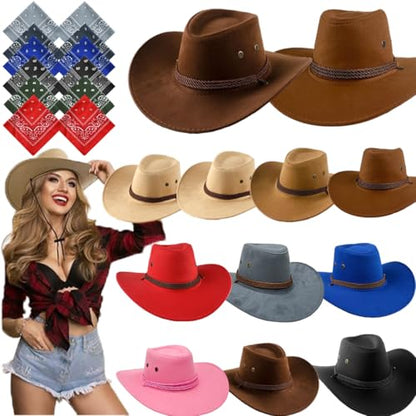 12 Set Cowboy Hats with Bandanas, Felt Western Cowgirl Hats Bulk