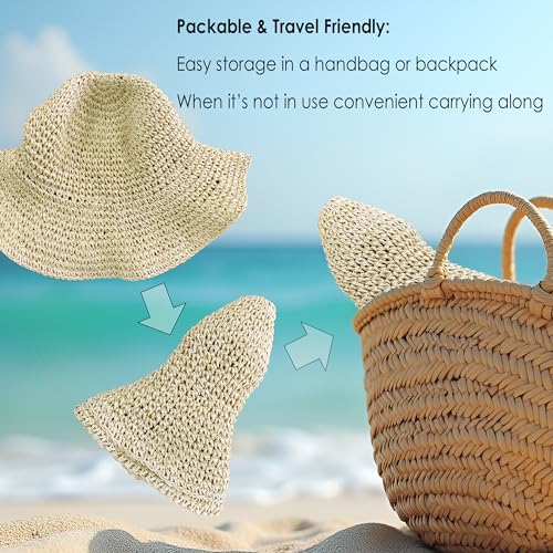 Womens Beach Sun Straw Hat Summer Floppy Wide Brim Foldable Packable - color: Aa Khaki