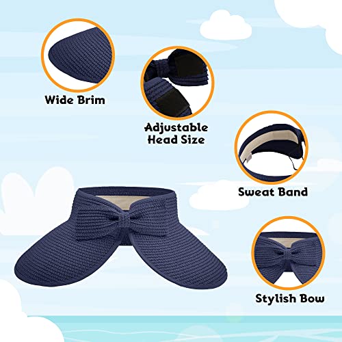 Straw Sun Visor for Women, Wide Brim UPF 50+ Protection Beach Hat, Adjustable, Roll Up Foldable Ponytail Cap with Chin Strap - color: Navy