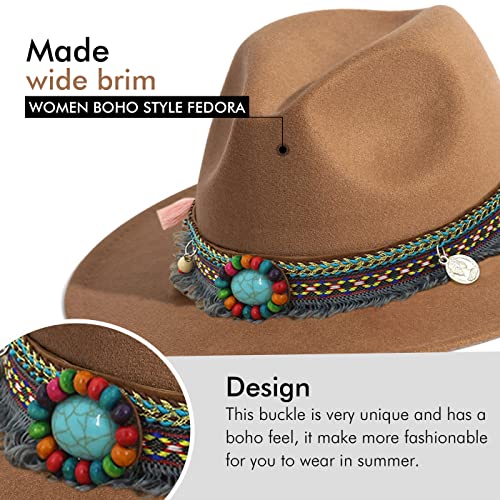 Women's Felt Fedora Hat Wide Brim Panama Hats with Tassel - color: Z Belt Khaki