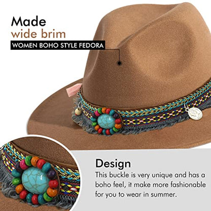 Women's Felt Fedora Hat Wide Brim Panama Hats with Tassel - color: Z Belt Khaki