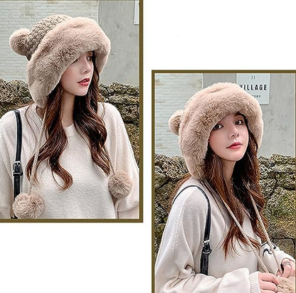 Winter Pompom Beanie Hats Women Knit Womens Beanie Faux Fur Crochet Skull Cap Warm Bucket Outdoor Ear Cover - color: Black