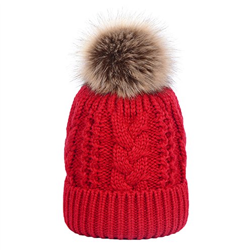 TOPTIE Slouchy Knit Beanie Hat for Women Faux Fur Pom Pom Fleece Lined - color: Red