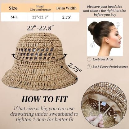 Floppy Big Beach Straw Hats for Women Foldable Summer Wide Brim Packable Sun Hat Womens Travel Straw Fedora Hat - color: Khaki-8