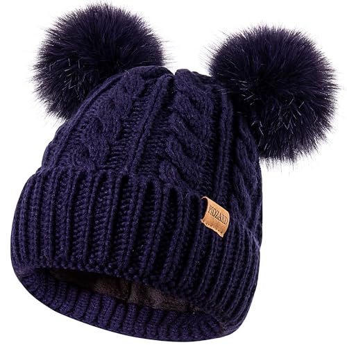 Women's Winter Hat Soft Knit Beanie with Faux Fur Pom Hat with Warm Fleece Lining Skull Cap for Women - color: Navy