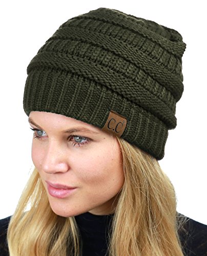C.C Unisex Chunky Soft Stretch Cable Knit Warm Fuzzy Lined Skully Beanie - color: Dark Olive