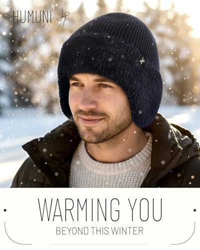 HAMUNI Winter Fleece-Lined Beanie with Earflaps, Warm Windproof Unisex Beanie Hat for Skiing, Hiking & Outdoor Winter Sports - color: Navy Blue