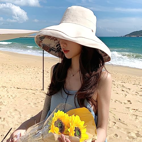 HUAMULAN Women Summer Vacation Wide Brim Sun Hat Reversible Fishing Hats - color: Beige