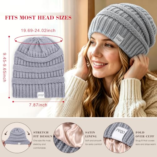 FEQO 4 Pack Satin Lined Beanies Slouchy Beanie Oversized Cable Knit Caps - color: Black, White, Light Grey, Oatmeal