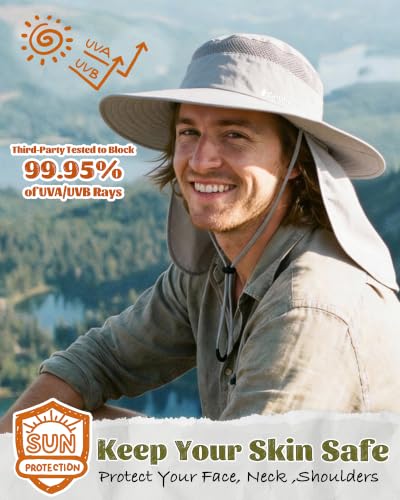Camptrace Wide Brim Men Sun Hat with Neck Flap UPF Fishing Hiking Gardening - color: 03-grey