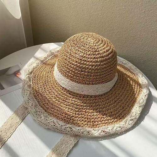 Women's Wide Brim Straw Sun Hat Beach Travel Bucket Hat Packable - color: Khaki