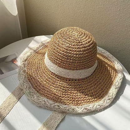 Women's Wide Brim Straw Sun Hat Beach Travel Bucket Hat Packable - color: Khaki