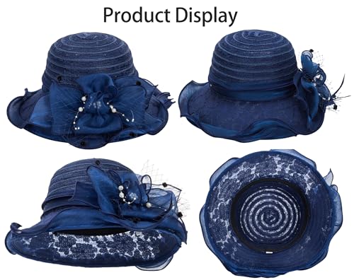 Women Wide Brim Organza Derby Hat Summer Sun Hat Fascinator Bridal Tea Party Wedding Hat - color: Navy