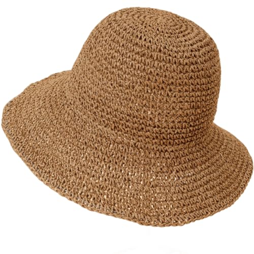 Women Straw Sun Hat Summer Beach Hats Foldable Floppy Cap Wide Brim Bucket Hat Solid Handmade Sun Protection Caps - color: Khakia