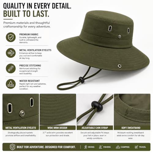 AVYZA CO. Wide Brim Sun Hat for Men & Women UPF 50+ Lightweight Waterproof Hat for Fishing & Hiking - color: Army Green