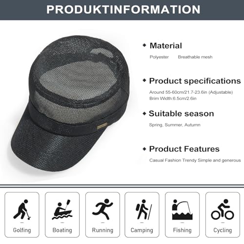 Initlove Cadet Army Cap for Men Women Military Hat Mesh Flat Top Hats for Summer - color: Black