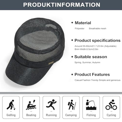 Initlove Cadet Army Cap for Men Women Military Hat Mesh Flat Top Hats for Summer - color: Black