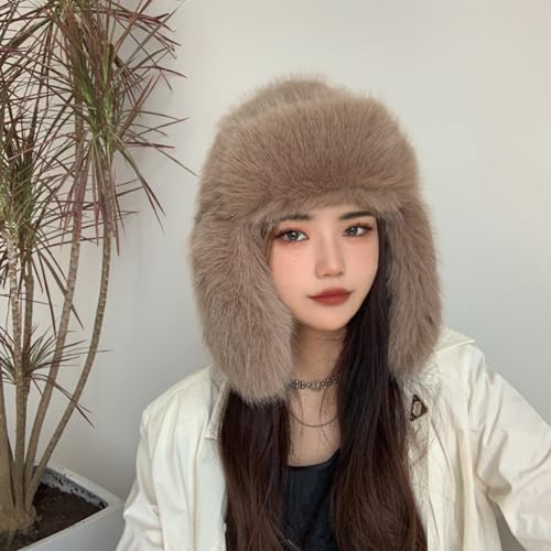 Luxurious Faux Mink Fur Ladies Trapper Hat，Pure Color Simplistic Women’s Winter Hat，Furry Ushanka Warm Hat - color: Camel
