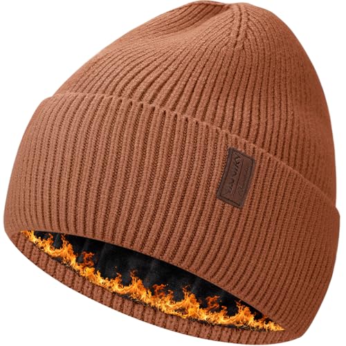 Fleece Lined Winter Beanie for Men Women Warm Windproof Beanies Hats Thick Knit Winter Hat for Cold Weather - color: Caramel