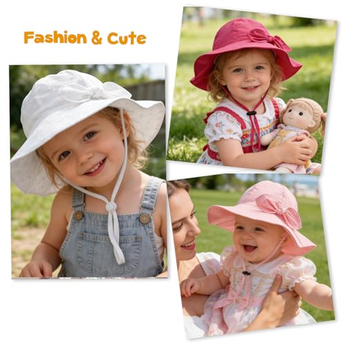 Baby Girl Sun Hat with UPF 50+ Outdoor Adjustable Beach Hat with Wide Brim Bucket Hats - color: Pink & White -2pcs, size: 2-3T
