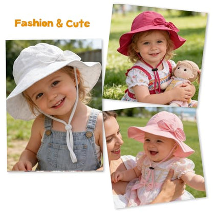 Baby Girl Sun Hat with UPF 50+ Outdoor Adjustable Beach Hat with Wide Brim Bucket Hats - color: Pink & White -2pcs, size: 0-6 Months