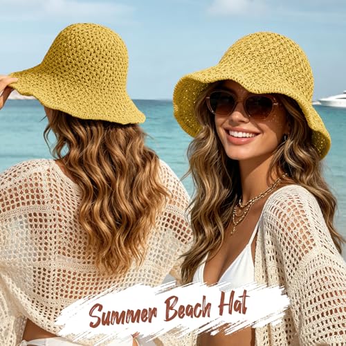 Sun Hat for Women Summer Straw Beach Hats Bucket Hat Floppy Crochet Hat - color: Yellow