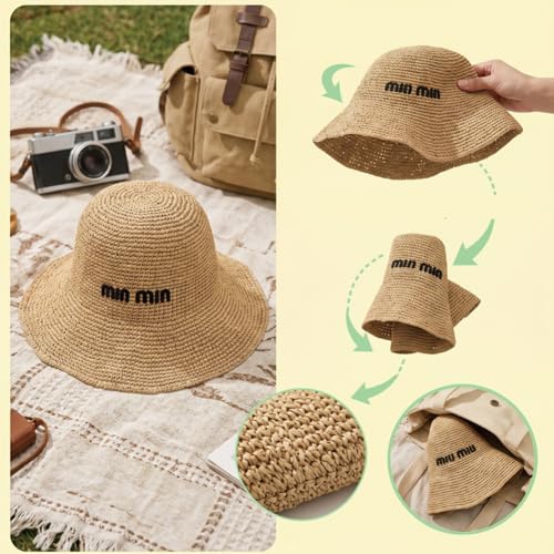 Women Straw Sun Hat Summer Beach Hats Foldable Floppy Cap Wide Brim Bucket Hat Solid Handmade Sun Protection Caps - color: Min-beige