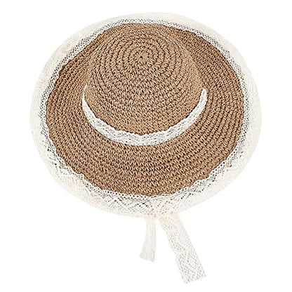Women Wide Brim Straw Sun Hat Floppy Beach Cap UV Protection Crochet Bucket Hat Packable Summer Travel Hat with Lace Brim - color: Khaki