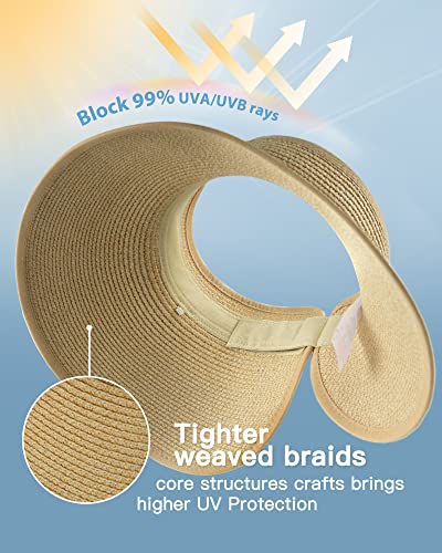FURTALK Womens Sun Hat with Ponytail Hole Wide Brim Beach Straw Visor - color: Beige Khaki Mix