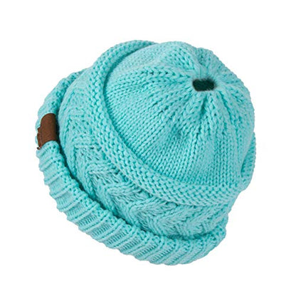 Rosoz 2 Pack Ponytail Beanie for Women,Winter Warm Beanie Tail Soft Stretch Cable Knit Messy High Bun Hat - color: 2pack-black/Lake Blue