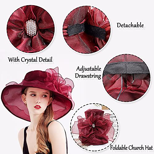 Women's Kentucky Derby Church Dress Hat Wide Brim Leaf Flower Bridal Shower Hat - color: J1-burgundy