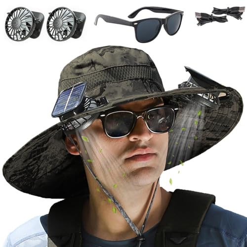 Fishing Hats with Sunglasses, Wide Brim Sun Hat with 2 Solar Fan, USB & Solar Powered Fishing Hats, Solar Fan Hats UPF 50+ - color: Camouflage Green