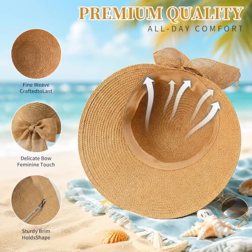 Barelove Sun Straw Hat Wide Brim Shape Hat with UPF 50+, Packable Foldable Floppy Summer Beach Hat for Women Men - color: Khaki With Beige Strap