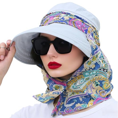 haozaikeji 2-in-1 Women Wide Brim Sun Hat UPF 50 Sun Protection Beach Hat Zipper Off Sun Visor Hats with Detachable Neck Flap - color: Grey