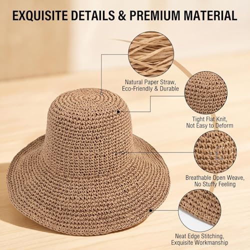 Womens Sun Hat Straw Hat Wide Brim Foldable Roll-Up Beachwear Sun Hat Summer Beach Hat (Khaki)