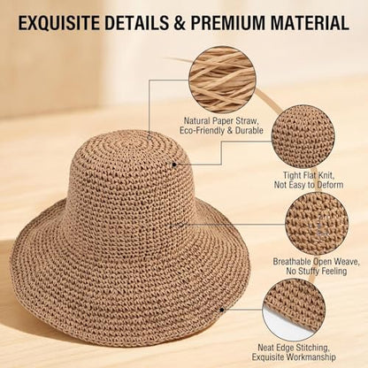 Womens Sun Hat Straw Hat Wide Brim Foldable Roll-Up Beachwear Sun Hat Summer Beach Hat (Khaki)