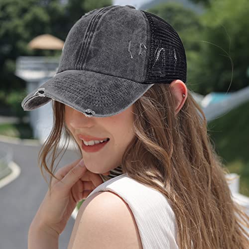HH HOFNEN Ponytail Hat for Women Washed Distressed Baseball Cap Ponycaps - color: #3 Red+navy+lake Blue+black