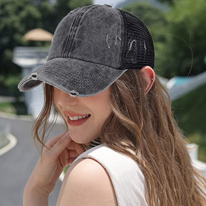 HH HOFNEN Ponytail Hat for Women Washed Distressed Baseball Cap Ponycaps - color: #3 Red+navy+lake Blue+black