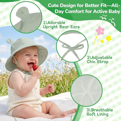 Zando Wide Brim Baby Sun Bucket Hat 0-4T UPF 50+ - Sun Protection Toddler Beach Hats with Bear Ears Infant Hat Adjustable - color: Black&white, size: 12-24 Months