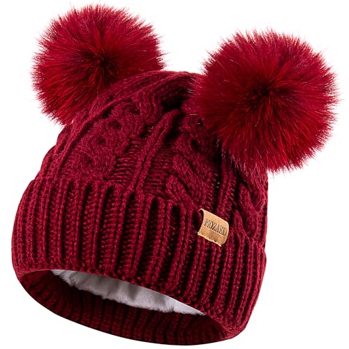 Women's Winter Hat Soft Knit Beanie with Faux Fur Pom Hat with Warm Fleece Lining Skull Cap for Women - color: Wine Red