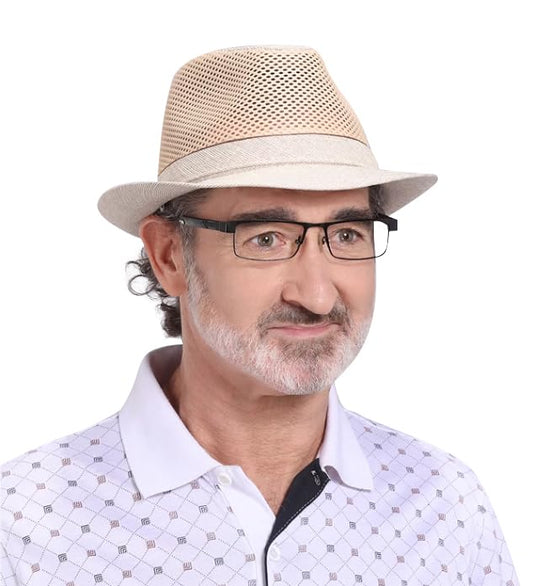 Men Straw Fedoras Summer Trilby Hat Vintage Mesh Panama Sun Hat Short Brim Beach Travel Hat British Jazz Hat Outdoor Bucket - color: Half Beige