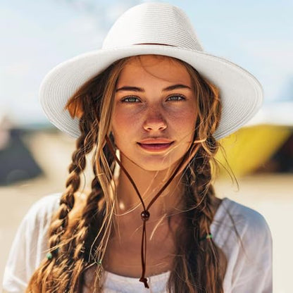 DRESHOW Womens Summer Straw Sun Hat Wide Brim Bucket Hats Fedora Hat Panama Beach Hat with Chin Strap UPF 50+ - color: 1 Pc Panama Fedora: White