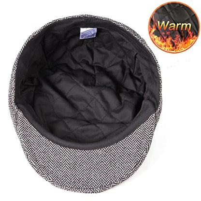 Herringbone Flat Ivy Newsboy Cap for Men 1920s Wool Blend Tweed Cabbie Hat - color: Filled Quilted Lining Grey, size: 7 3/4-7 7/8